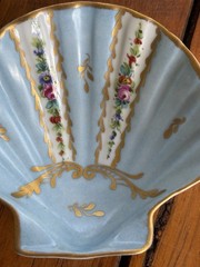 Limoges, France, Hand Painted Sea Shell Trinket Tray, Blue, Gold, Flowers