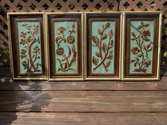Vintage Homco Gold Floral Wall Plaques Set of 4 MCM Teal Blue Botanical 1970s