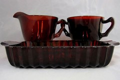 Ruby Cranberry Red Glass Sugar Creamer Tray Un-Matched Design