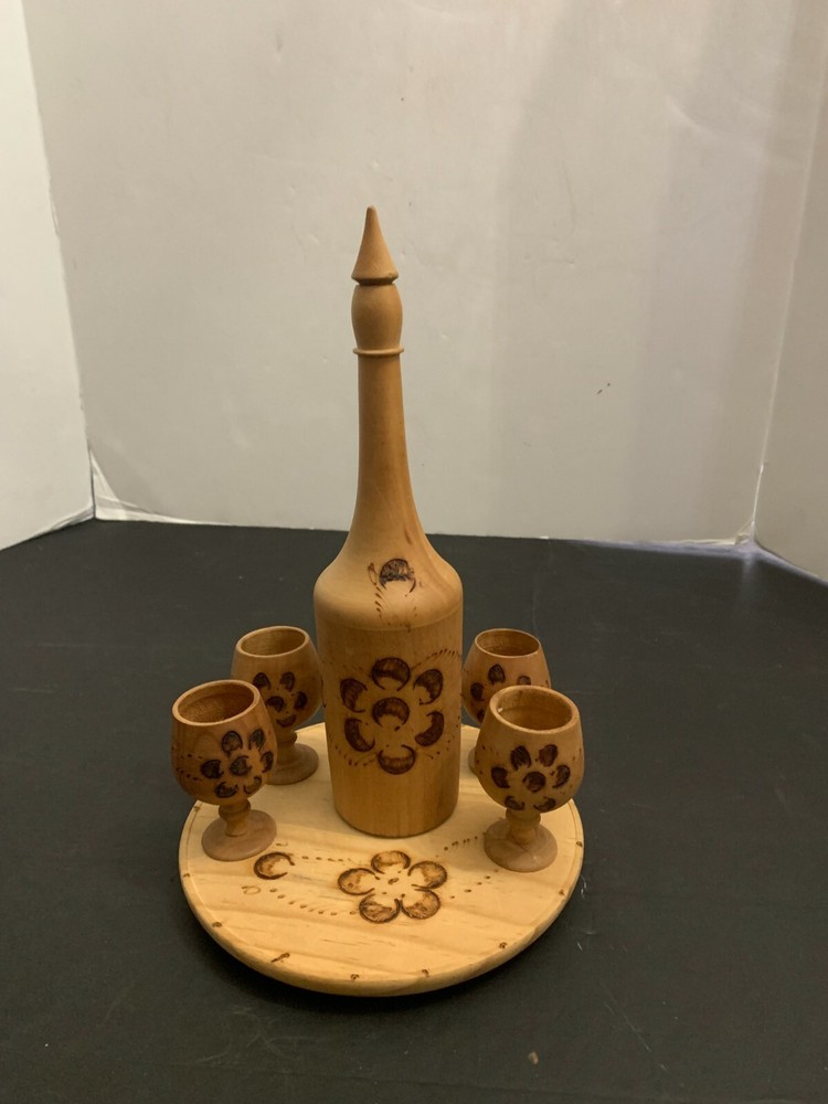 Vintage Wooden Pyrography Folk Art Decanter with 4 Stem Cups and Serving Tray