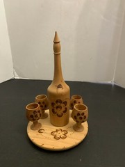 Vintage Wooden Pyrography Folk Art Decanter with 4 Stem Cups and Serving Tray