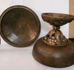 Vintage Footed Wood / Resin ? Candy Trinket Dish Etched Carved Floral w/ Lid