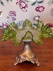 RARE Antique 1860 Craquelle Overshot Art Nouveau Green Bowl On Metal Base
