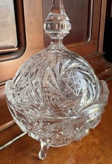 Czech Pinwheel Star of David Crystal Cut Glass 3 footed Candy Dish w Steeple Lid