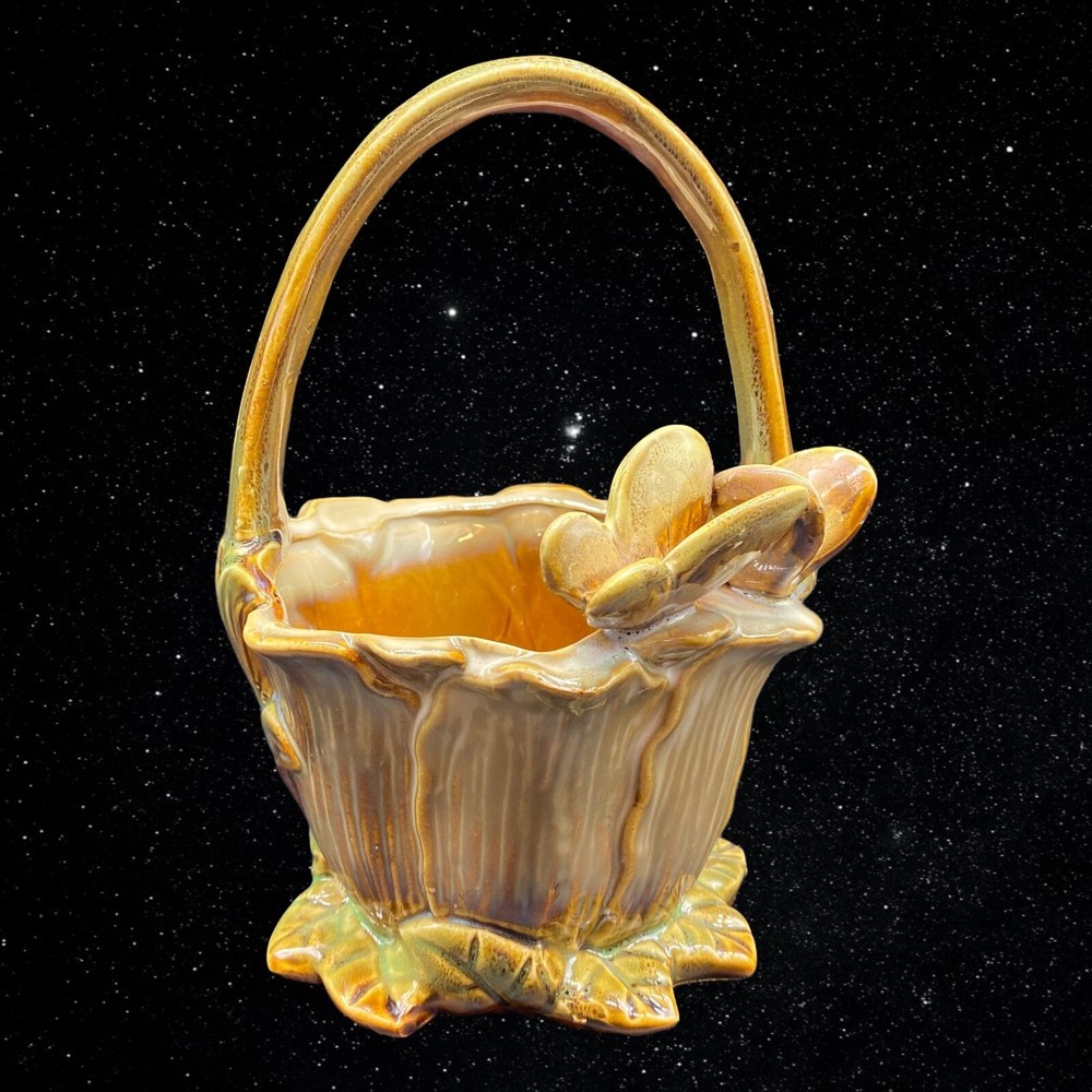 Glazed Art Pottery Brown Majolica Butterfly Basket Planter 8”T 6”W