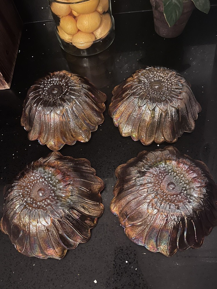 Indiana 1970’s Carnival Glass Sunflower Bowls Set of 4 | Lily Pons | Amber Retro