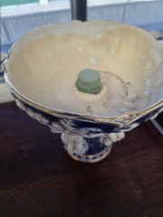 Italy Cherub Cobalt & White Gold Trim Pedestal Porcelain Fruit Bowl or Planter