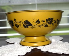Vintage/Antique Yellow with black Painted Ivy Toleware Pedestal Bowl