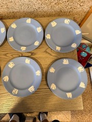 Vintage Set of 8 Jasperware Plates Wedgwood Blue Cameo Relief Decorative 6.5″