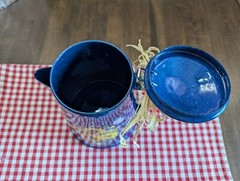 9.5″high BLUE Metal Enamaled Percolator w/SUNFLOWERS-BUTTERFLIES decals x DECOR