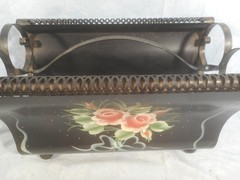 Vintage TOLEWARE METAL MAGAZINE RACK ROSES BLUE HEART RIBBON MID CENTURY DECOR