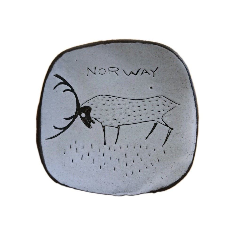 Norway Signed Reindeer Ceramic Trinket Dish 4in Glossy Mid Century Modern