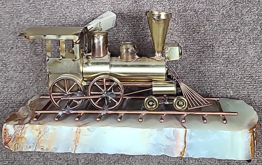 Vtg Signed DeMott Brass & Copper “Western Express” Train Sculpture on Onyx Base