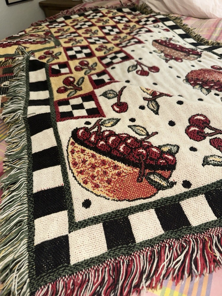 Mary Engelbreit Bowl Of Cherries Checked 1990’s Throw Blanket 66″ x 42″ Cotton