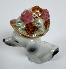 Pico NY Vintage Collectible Porcelain Grey & Black Poodle Figurine Hat w/Flowers