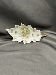 Limoges Leaf Shaped Tray Featuring Virgin Maryand Saint Bernadette