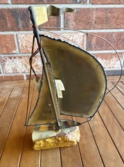 DeMott 10″ Sail Boat Brass Copper Art Sculpture on Striated Rock Base Signed