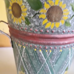 Hand Painted Folk Art Galvanized Metal Bucket Sunflowers Lattice Pattern