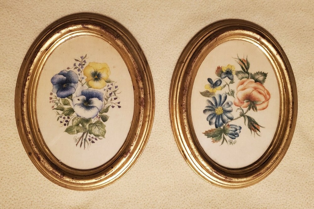 Two Vintage 1974 Handpainted Floral Portraits on Fabric Framed Ready to Hang