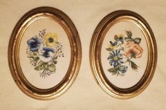 Two Vintage 1974 Handpainted Floral Portraits on Fabric Framed Ready to Hang