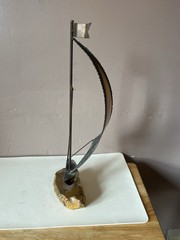 Vintage Signed John DeMott 15” Brass Sailboat Sculpture on Quartz/Onyx Base