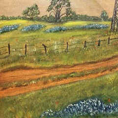 Original Bluebonnets Windmill Hills Trees Country Roads Unframed Painting Signed