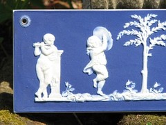 WEDGWOOD LIKE RARE DARK BLUE DIP PLAQUE OF CUPIDS & BOY TAMBORINE, GIRL TRIANGLE