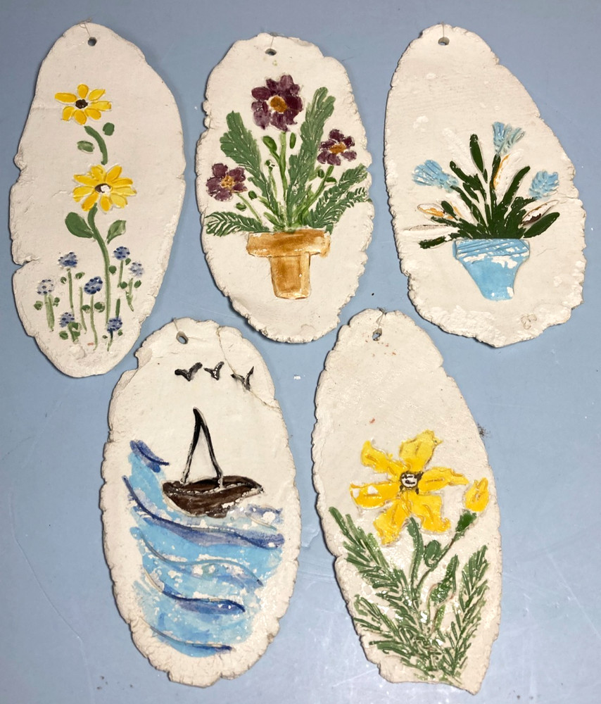 Folk Art Hanging Decorations Set of 5 Vintage Craft Fair Painted Clay Ornaments