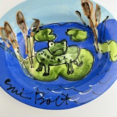 Sue Bolt Hand Painted Small Art Plate Trinket Dish Bowl Frog Decor Signed Vtg