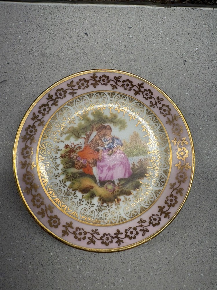 Butter Pat Limoges Fragonard France Porcelain Pink Gild Miniature Plate 3.25”