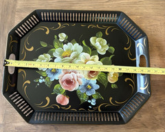 Vintage Hand Painted Floral Toleware Tray Large Gold Black Metal Handles 20×16