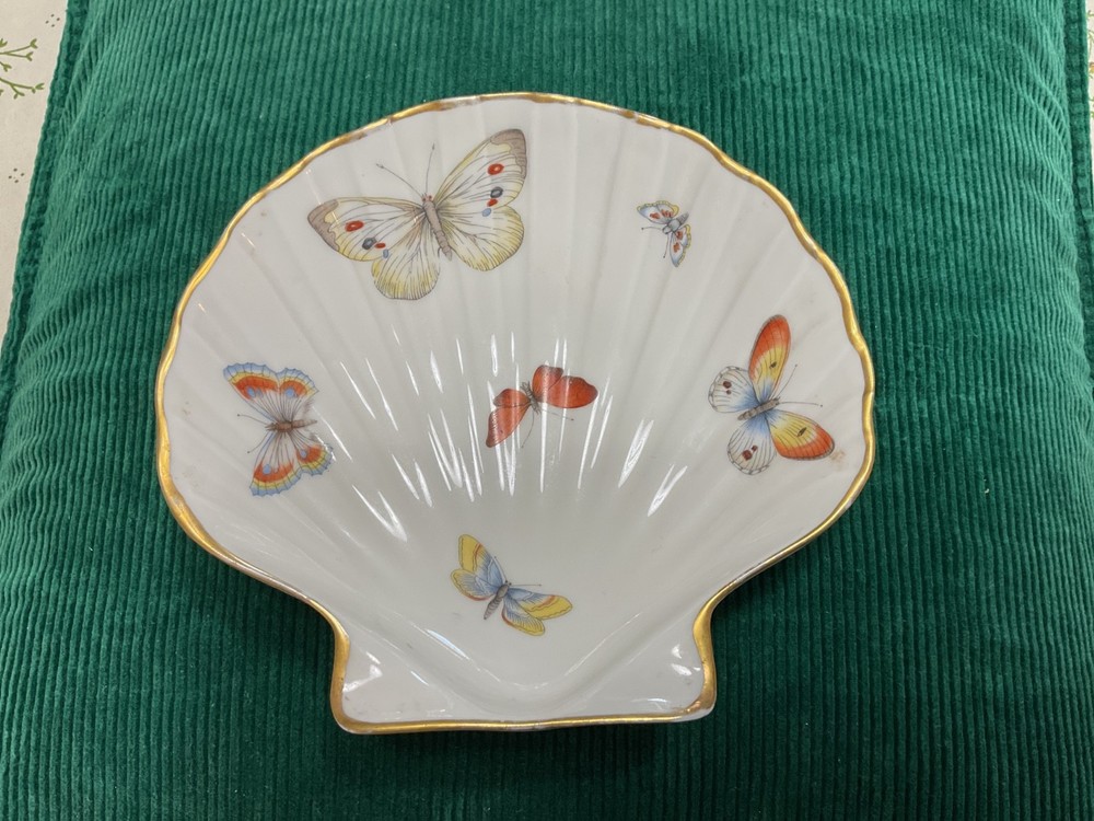 Vtg Marked Limoges France Porcelain Shell Shaped Dish w Butterflies + 22 K Gold