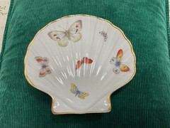 Vtg Marked Limoges France Porcelain Shell Shaped Dish w Butterflies + 22 K Gold