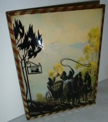 Silhouette Picture Men, Hoses, Stage Coach, Trees, Convex Glass, 4.5″x3.5″ 1940s