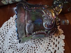 Imperial Glass Louis 14th Lidded Footed Jar Carnival Glass 6.75″ Tall 4.75″ Diam