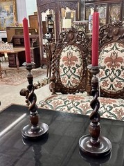 Antique Style LARGE 14″ TALL Carved Wooden Barley Twist Candlesticks with Bronze