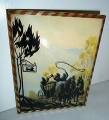 Silhouette Picture Men, Hoses, Stage Coach, Trees, Convex Glass, 4.5″x3.5″ 1940s