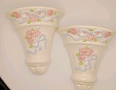 Vtg.80s 2pc. Home Interiors Tea Rose Ceramic Wall Pockets Cottage,Shabby Chic,