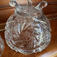 Czech Pinwheel Star of David Crystal Cut Glass 3 footed Candy Dish w Steeple Lid