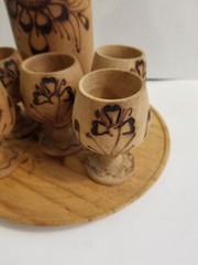 Vintage Wooden Pyrography Folk Art Decanter with 5 Stem Cups and Serving Tray