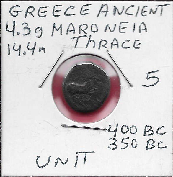 GREECE ANCIENT,MARONEIA,THRACE 1 UNIT(400-350 BCE),HORSE PRANCING,GREEK WRITING,