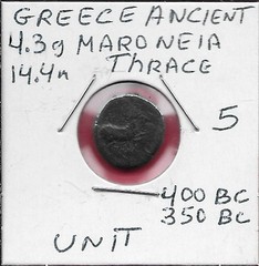 GREECE ANCIENT,MARONEIA,THRACE 1 UNIT(400-350 BCE),HORSE PRANCING,GREEK WRITING,