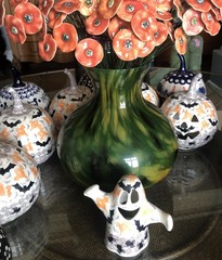 Polish Pottery Ceramic Ghost Lantern Figurine Boo Bats Spiders Webs Halloween