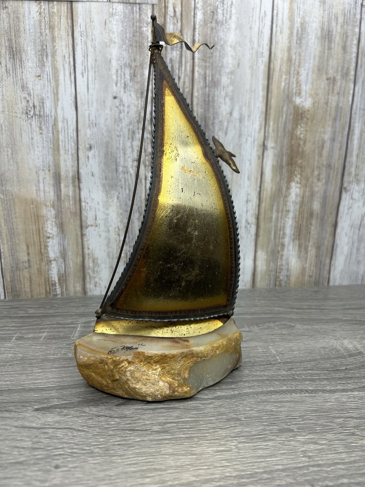 Vintage DeMott Brass Sailboat Sculpture Quartz Stone Base Signed MCM Brutalist