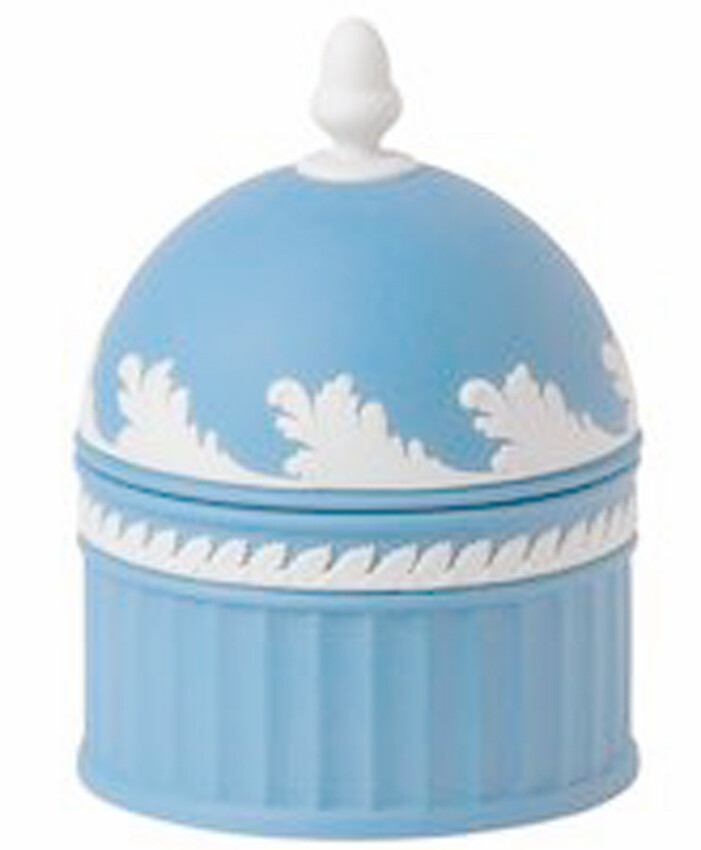 Wedgwood Blue Jasper Acorn Domed Box 5″H White Leaf Bas Relief England New