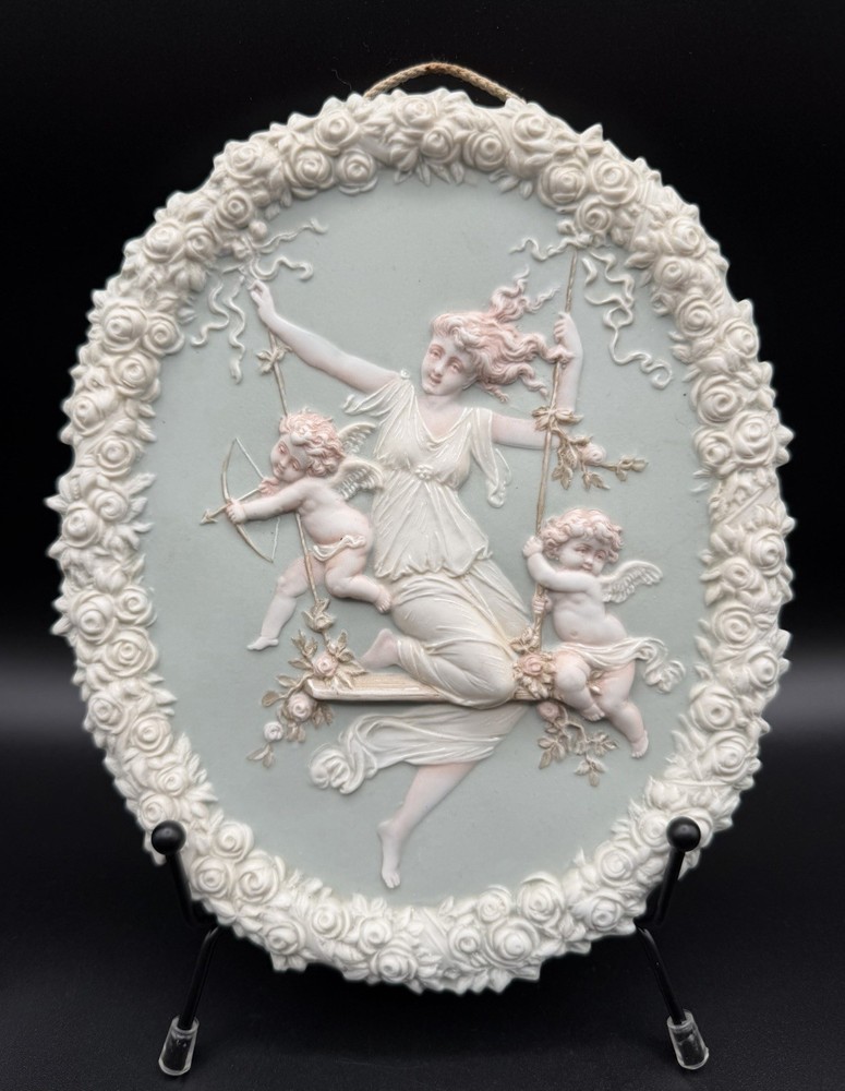 Antique SHAFER VATER Jasperware Wall Plaque Swinging Maiden Cherubs High Relief