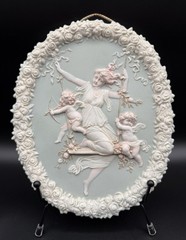 Antique SHAFER VATER Jasperware Wall Plaque Swinging Maiden Cherubs High Relief