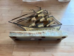 DeMott Signed Clipper Ship Brass & Marble Sculpture 10” High Vintage