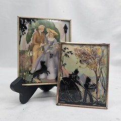 PAIR of Reverse Painted Couple Romance Silhouettes on Convex Glass 1940 VINTAGE.