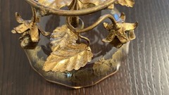 VTG Italy Gold Gilt Tole Metal Leaves/Roses Glass Candy Dish-Compote-Hollywood!